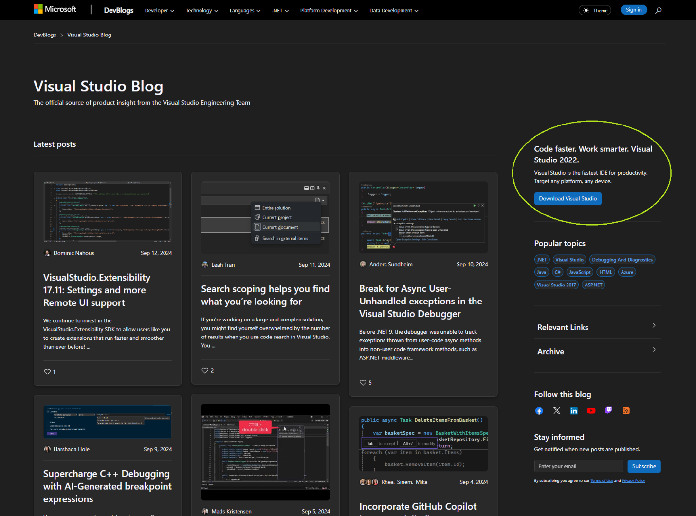 Blog home page showcasing custom call to action to download Visual Studio 