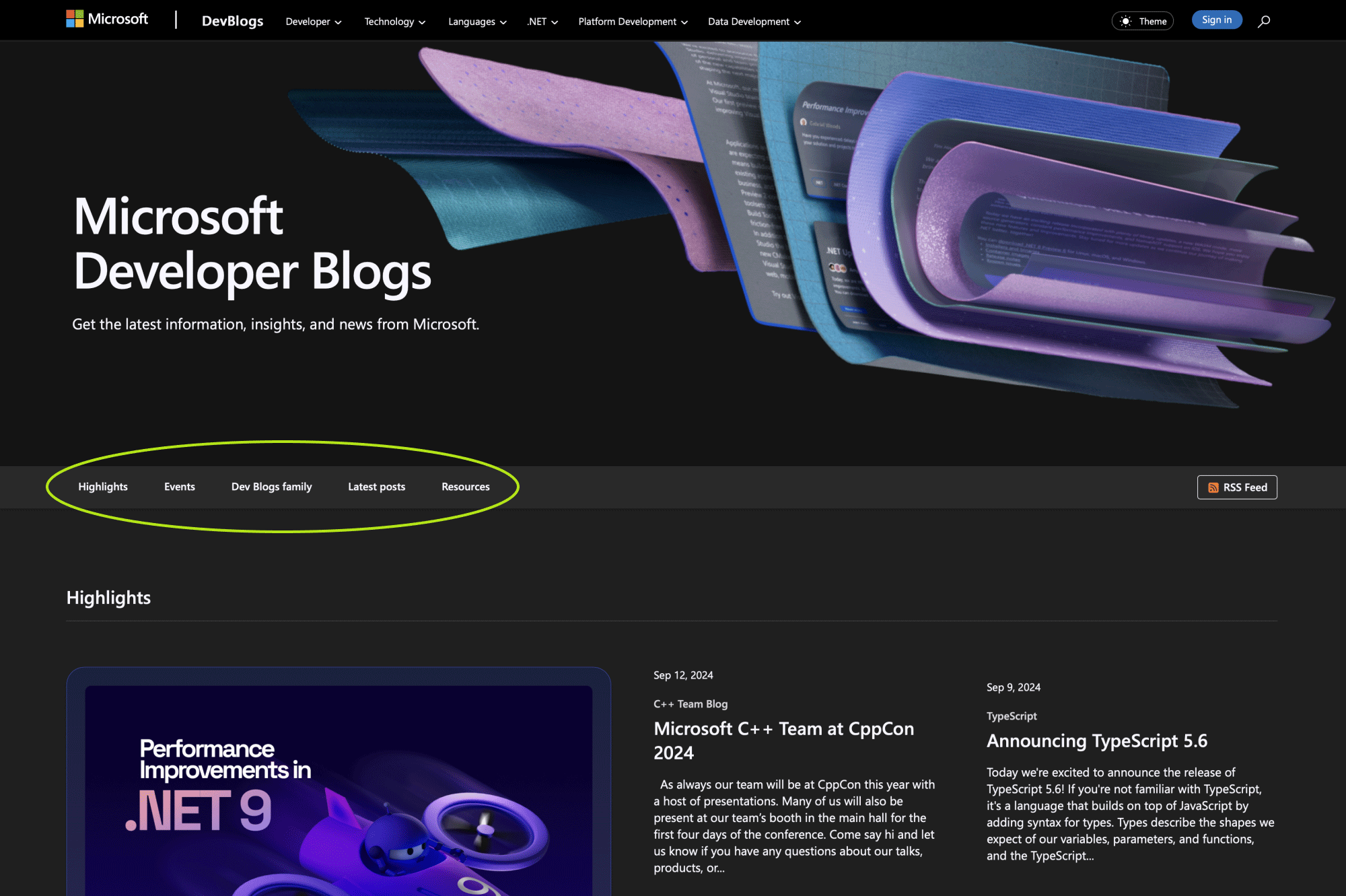 Main Dev Blogs page with sticky nav to jump to various sections on the page for example latest posts 