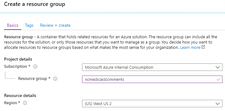 Image of screen to create a resource group in Azure