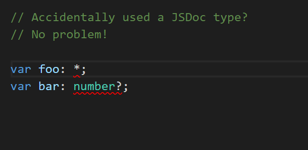 Quick fixes correcting JSDoc-style types to TypeScript-style types.