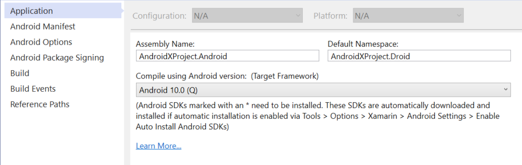 Project settings for Android 10