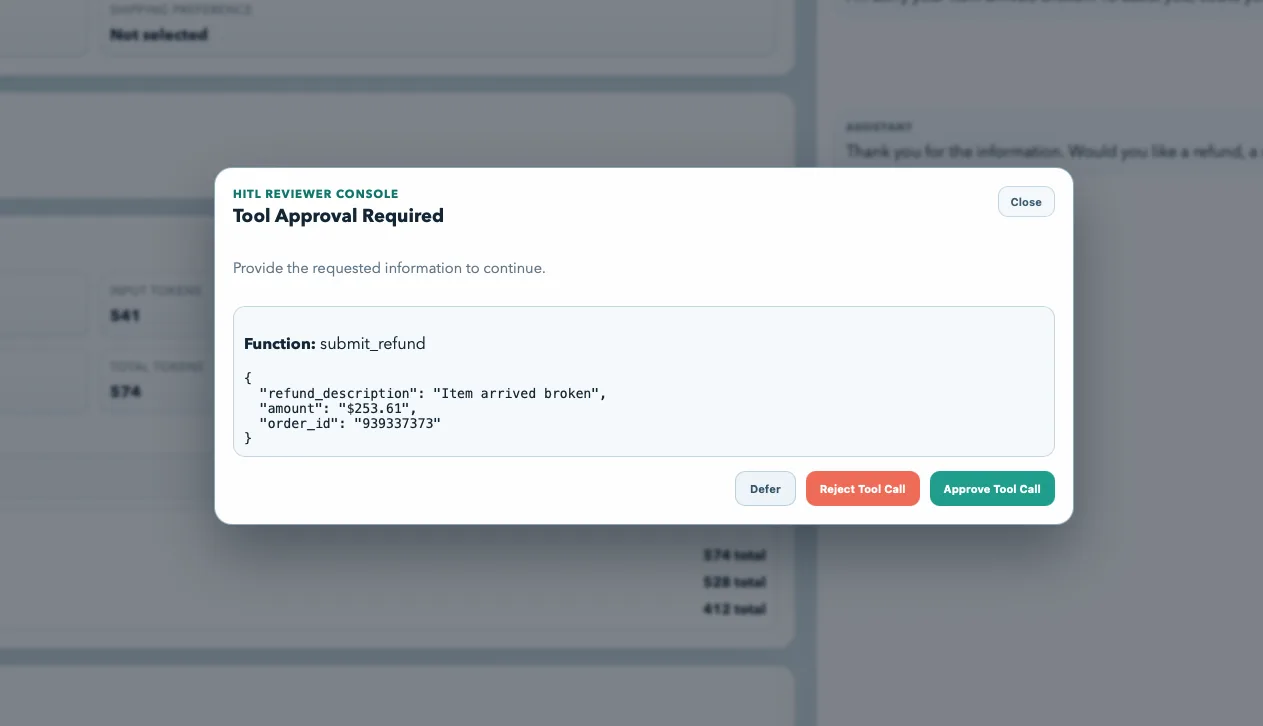 The HITL approval modal showing the submit_refund tool call with refund details and Approve/Reject buttons