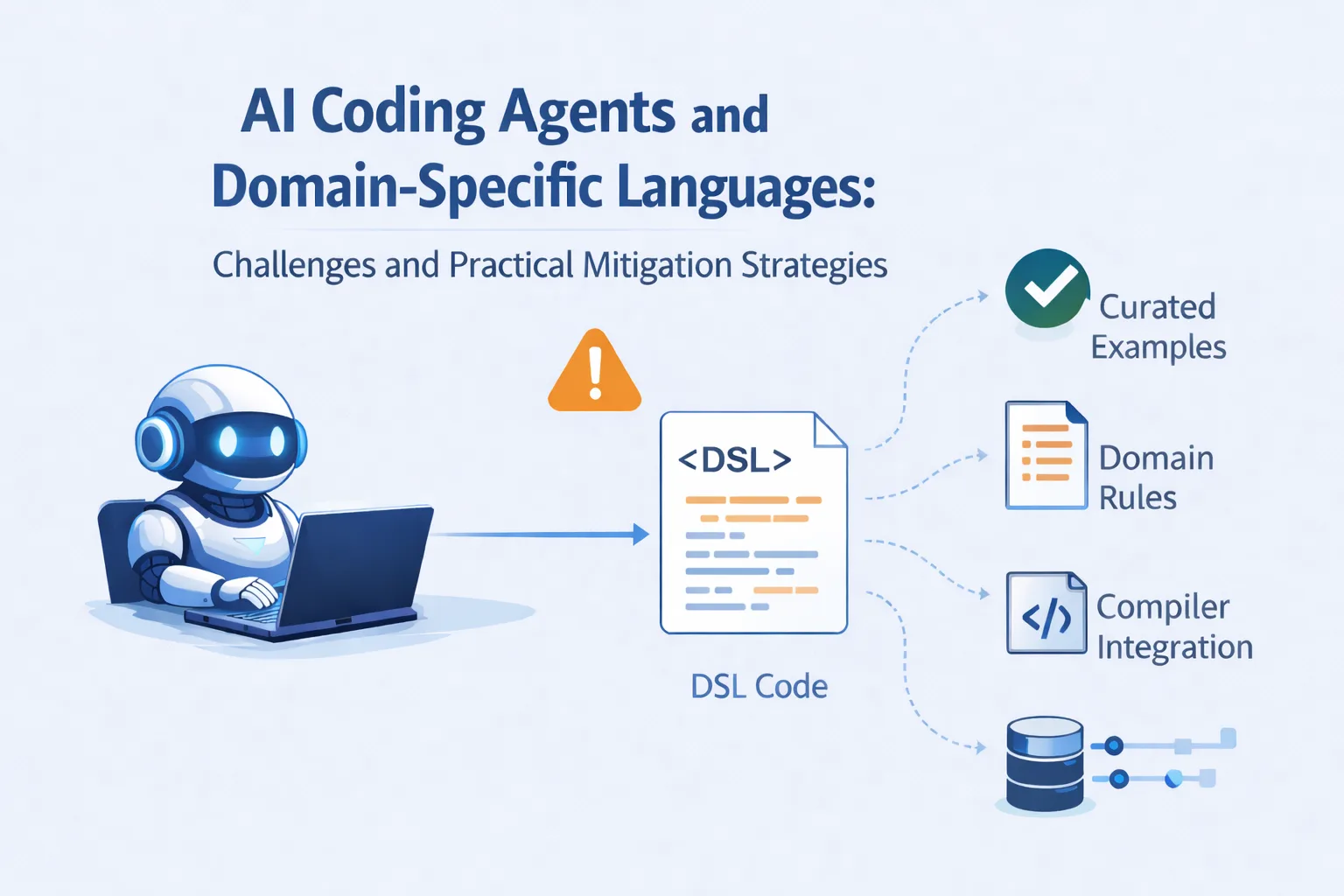 Diagram showing an AI coding agent pointing to a DSL document, with arrows to mitigation strategies: curated examples, domain rules, and compiler integration.
