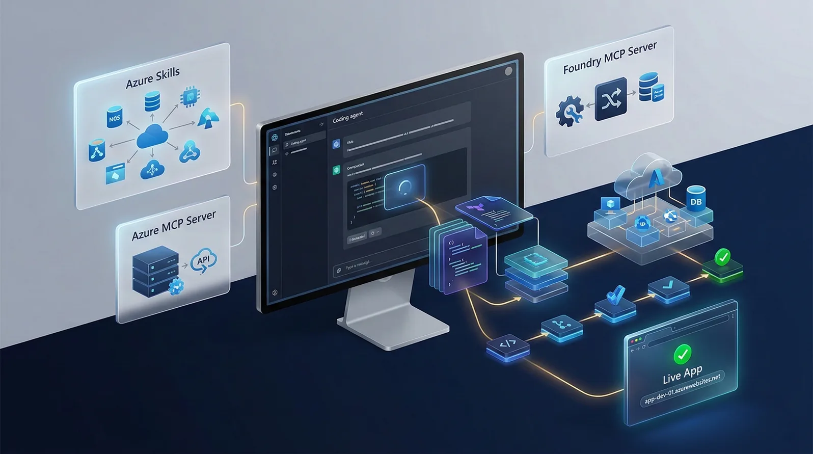 Fictional desktop computer showing Azure Skills and MCPs combining
