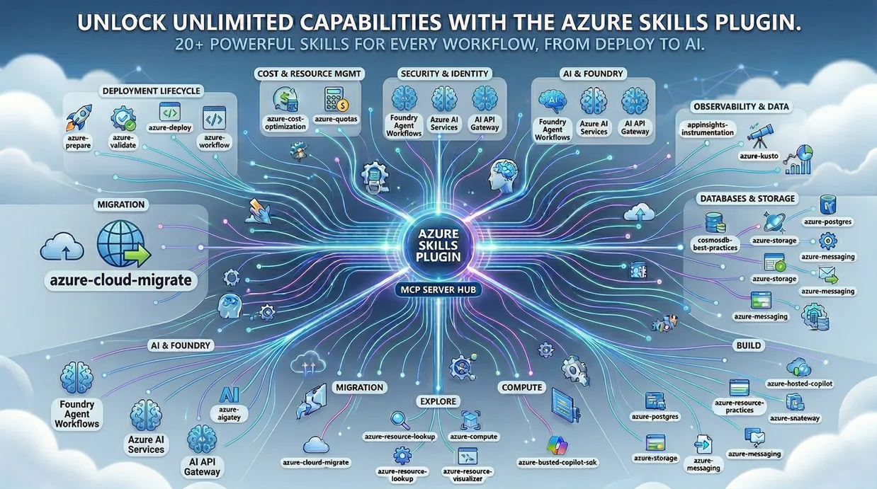 Azure Skills surrounded by many of the things it can help with