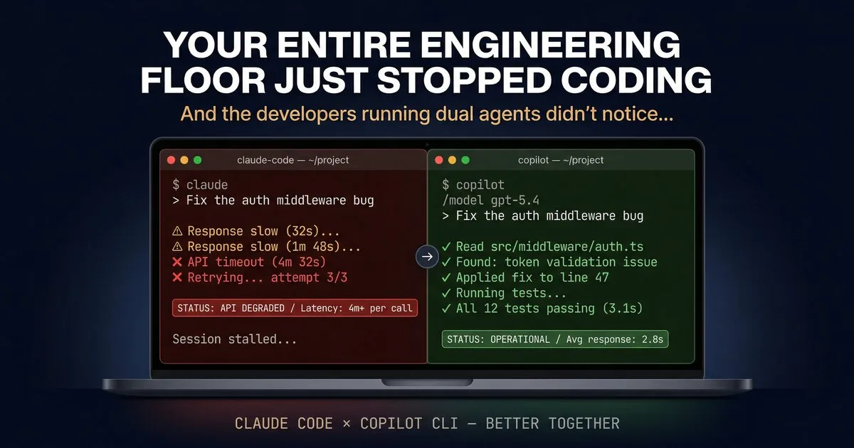 Featured image showing a laptop with two terminal windows — Claude Code with API timeout errors in red, GitHub Copilot CLI working smoothly with green checkmarks