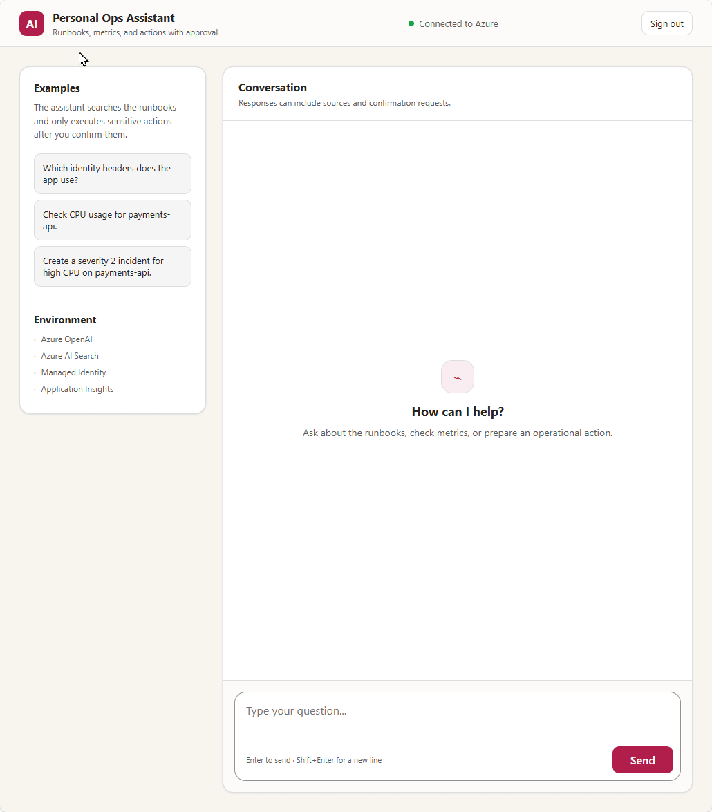 The assistant retrieves runbooks with Azure AI Search and cites the sources used to ground its answer.