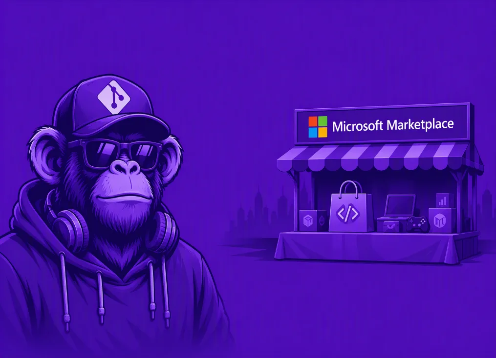 The image depicts a monkey wearing a hoodie and holding a Microsoft logo badge, set against a purple background. AI-generated content may be incorrect.