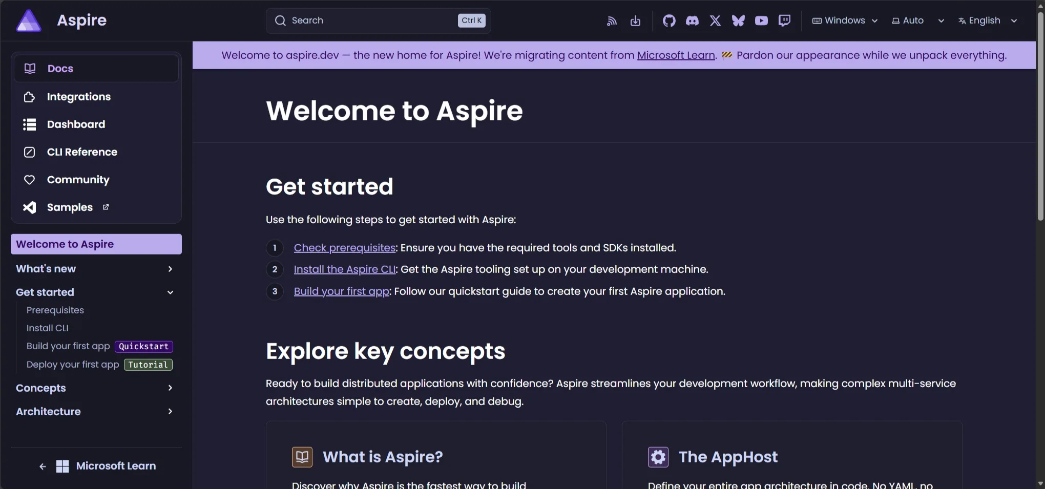aspire.dev welcome page