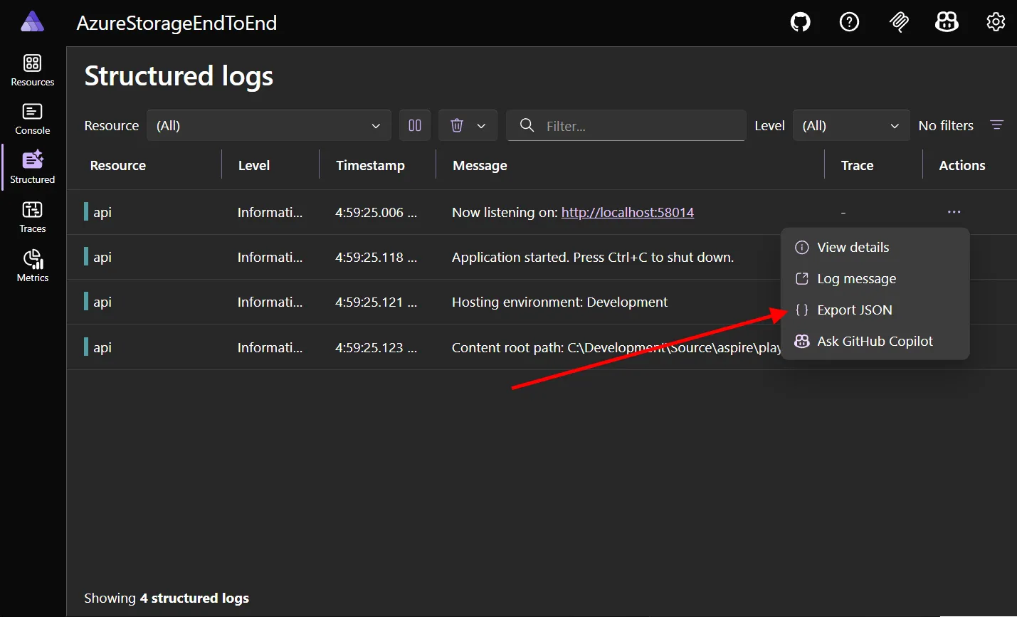 Export JSON context menu option