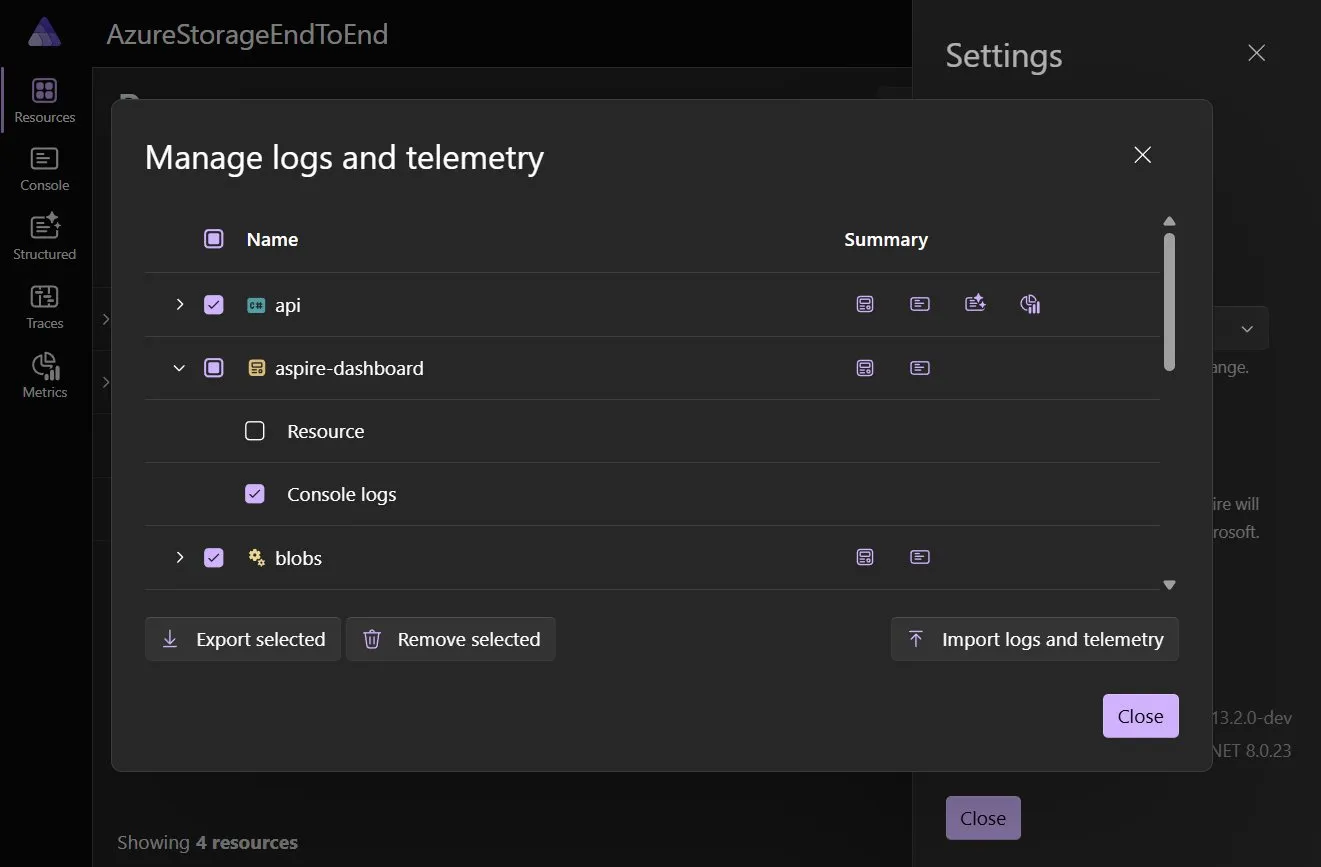 Manage logs and telemetry dialog