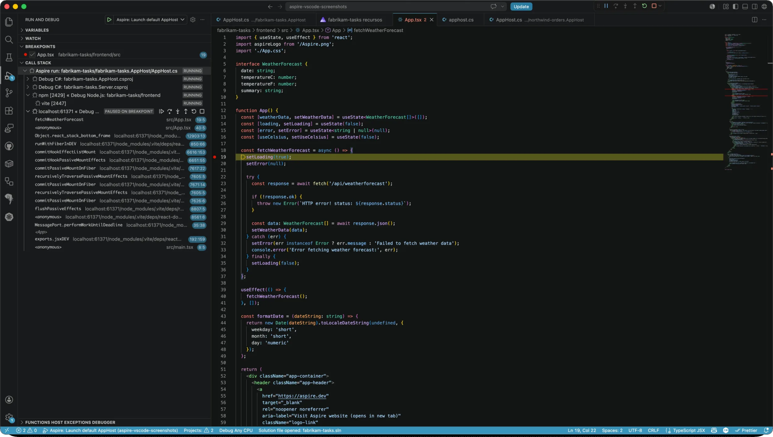 VS Code Run and Debug view showing an Aspire debug session with AppHost, C#, Node.js, and browser debug sessions attached.