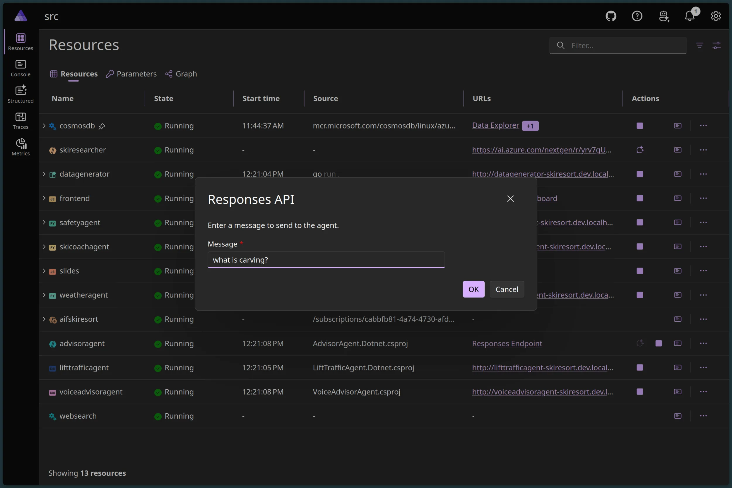 Aspire dashboard Send Message invocation against the AlpineAI advisor agent