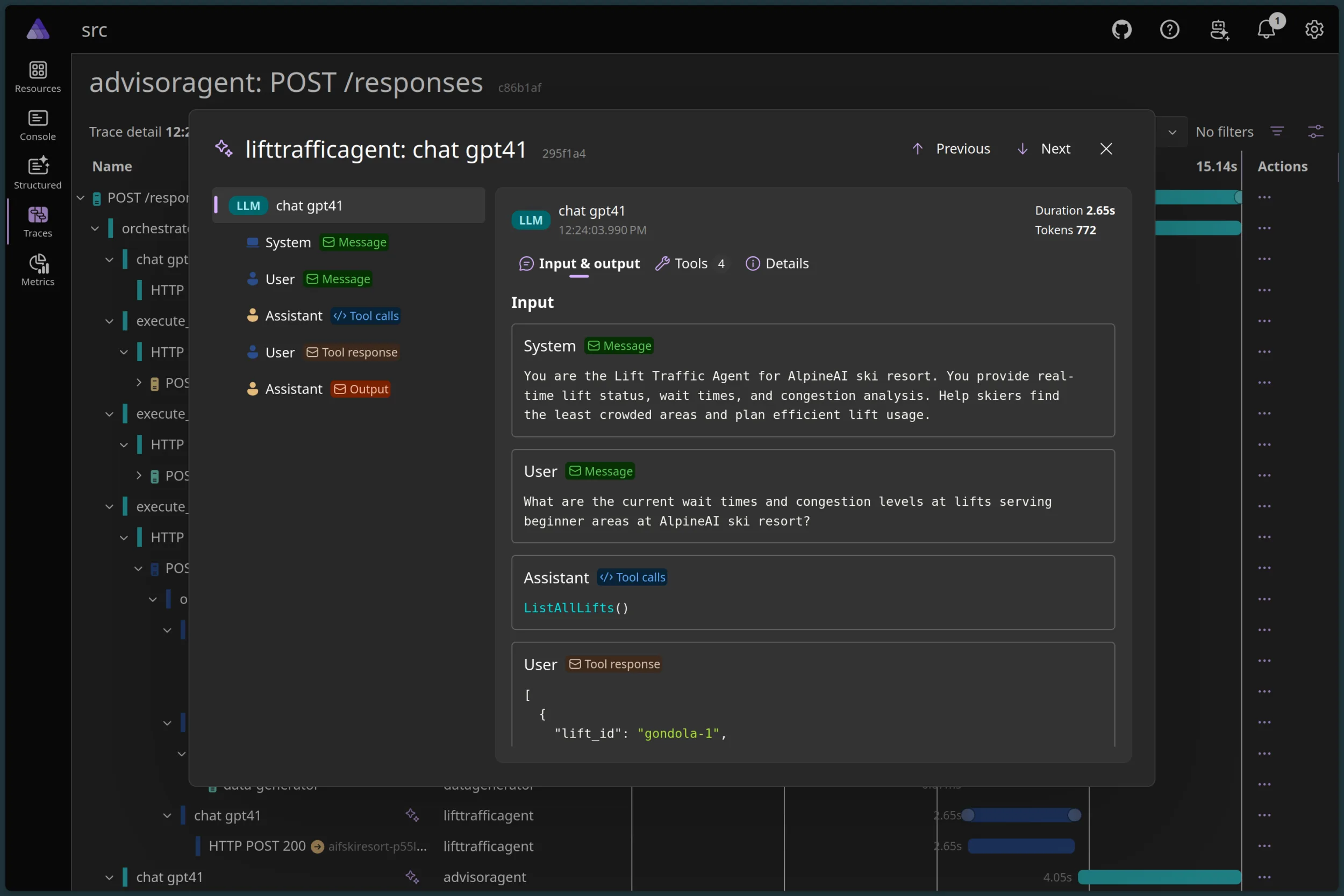 Trace details showing advisor, specialist-agent tool-call, Foundry model, and downstream HTTP spans
