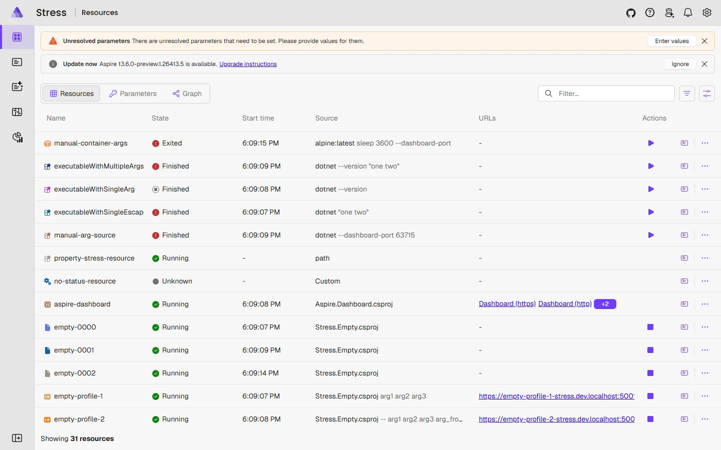 The refreshed Aspire dashboard showing resources in the Stress playground