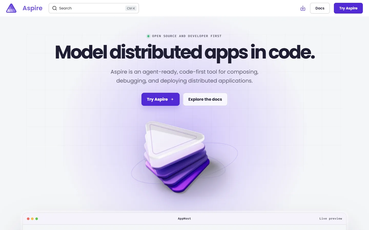 The redesigned aspire.dev homepage in light theme