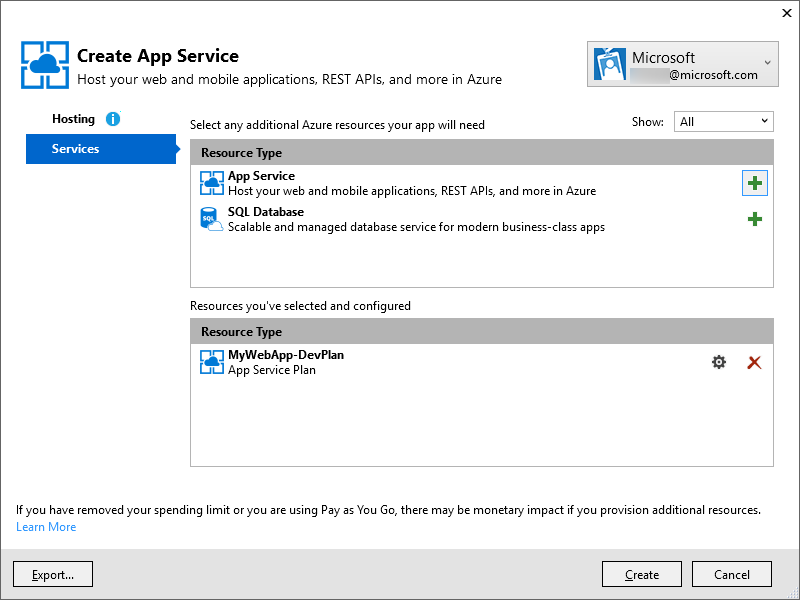 Adding secondary App Services on the Services tab