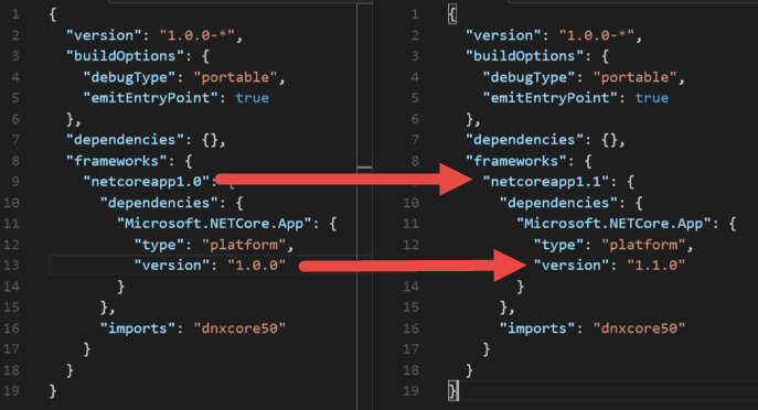 Two places to update project.json to .NET Core 1.1