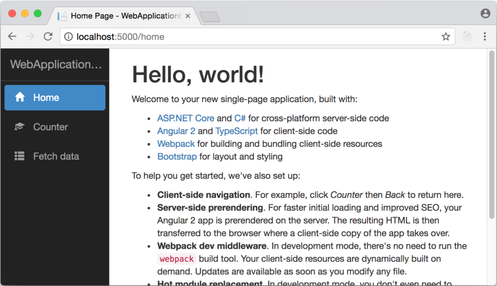 Generated Angular application homepage