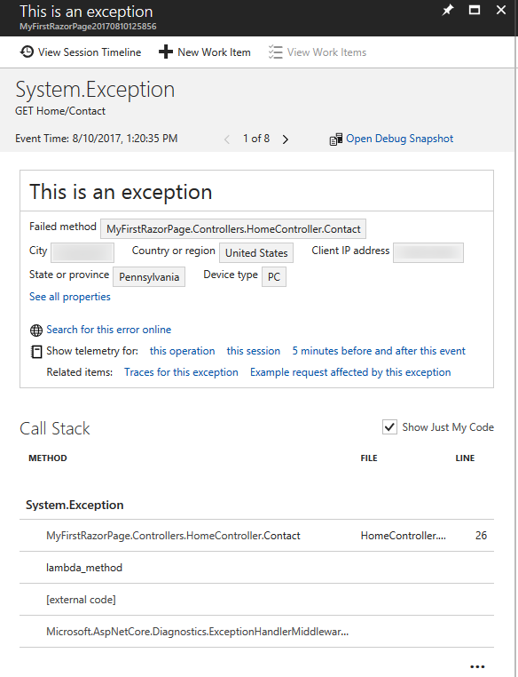 Exception Analysis in the Azure Portal