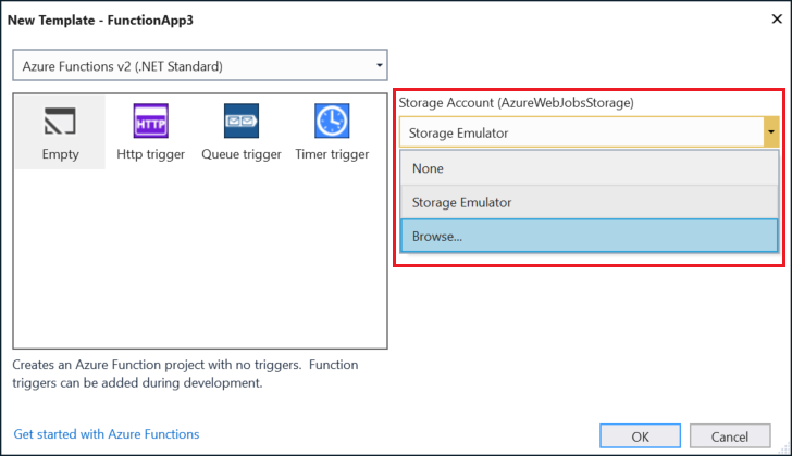 Storage account picker in new Functions project dialog