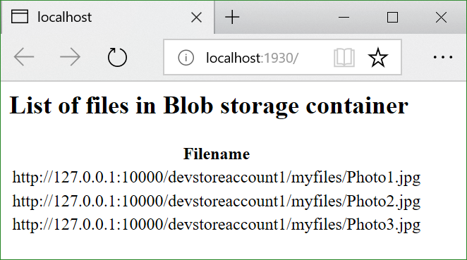 Web page renders correctly, showing files in blob container