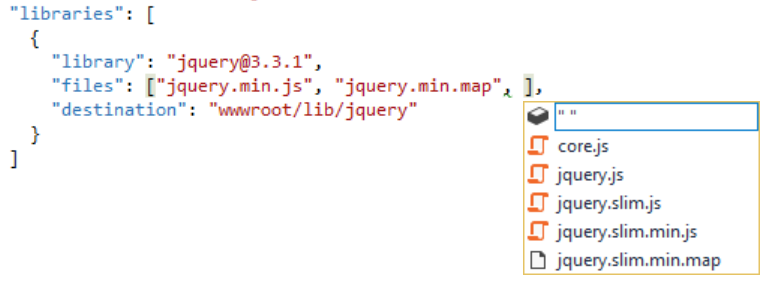 Contextual IntelliSense showing list of all files in the jQuery library, excluding those already used
