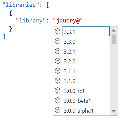 Contextual IntelliSense showing all available versions of jquery, sorted by most recent