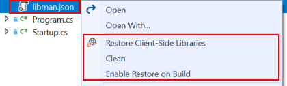 Context menu of libman.json, showing Restore, Clean and Enable Restore on Build...