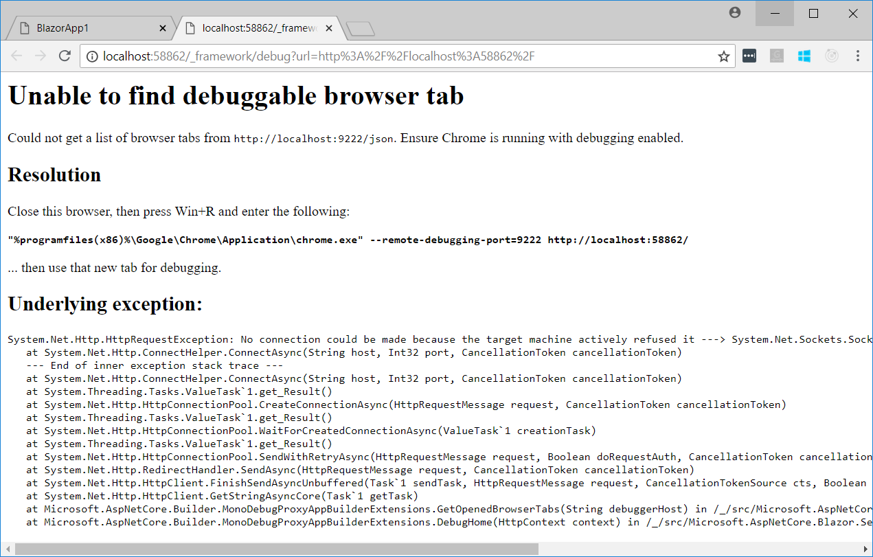 Blazor debugging error page