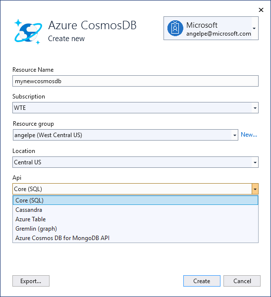 Connected Services tab - Create Azure Cosmos DB Instance