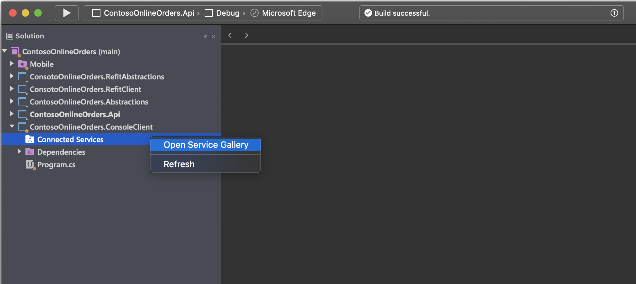 Launching the Connected Services Gallery in Visual Studio for Mac