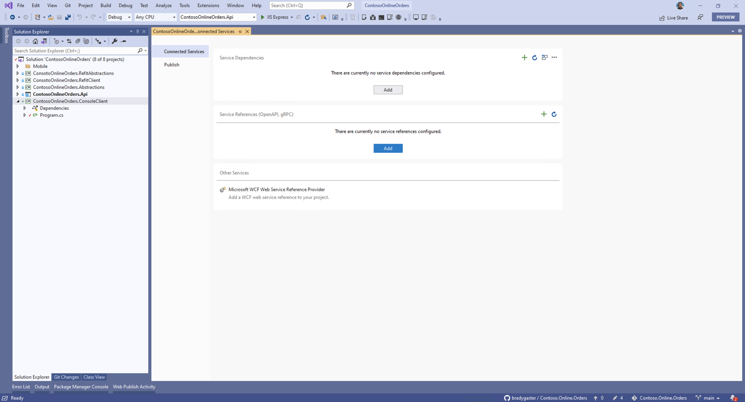 Connected Services experience in Visual Studio