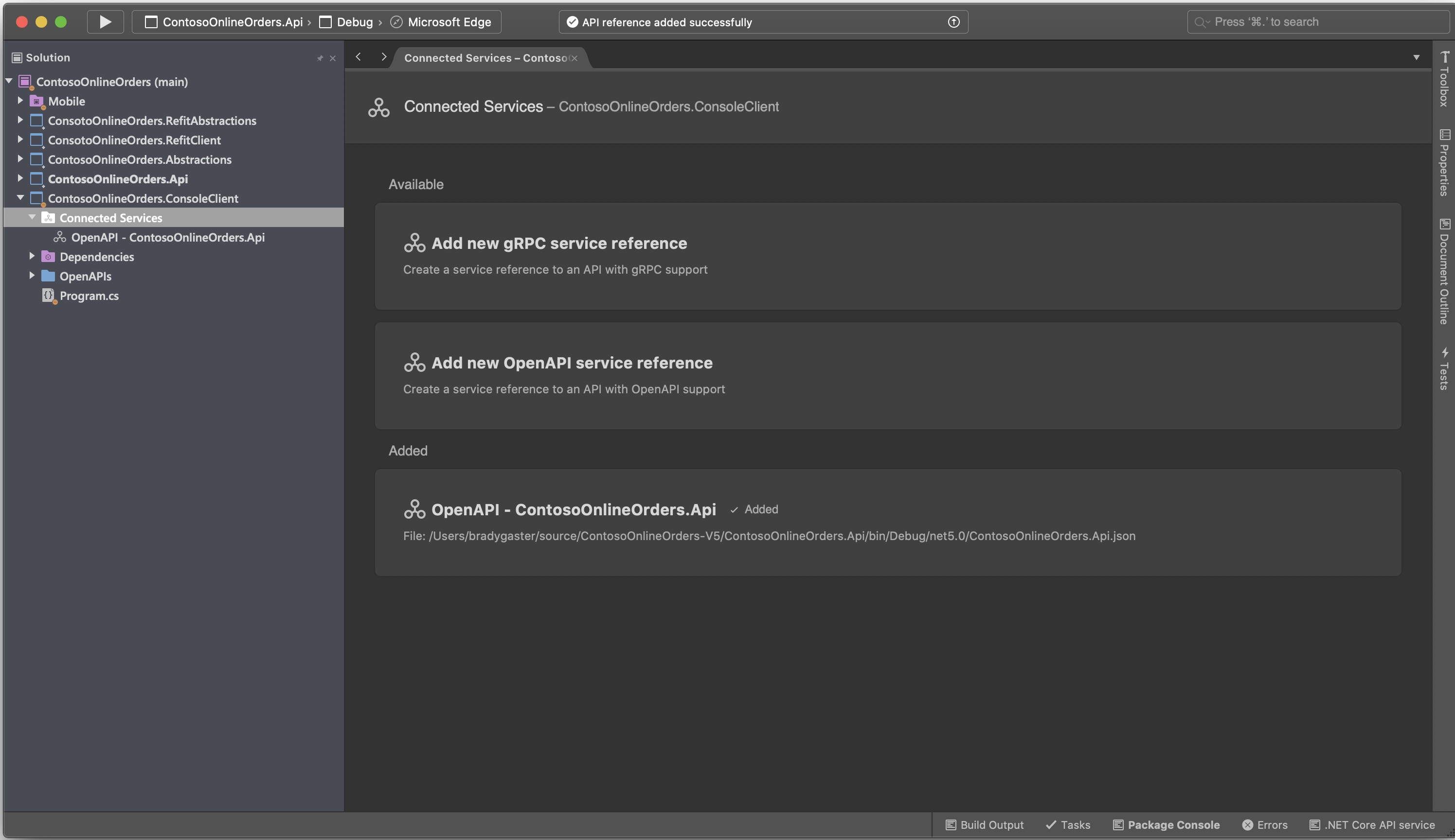 Adding a Connected Service in Visual Studio for Mac