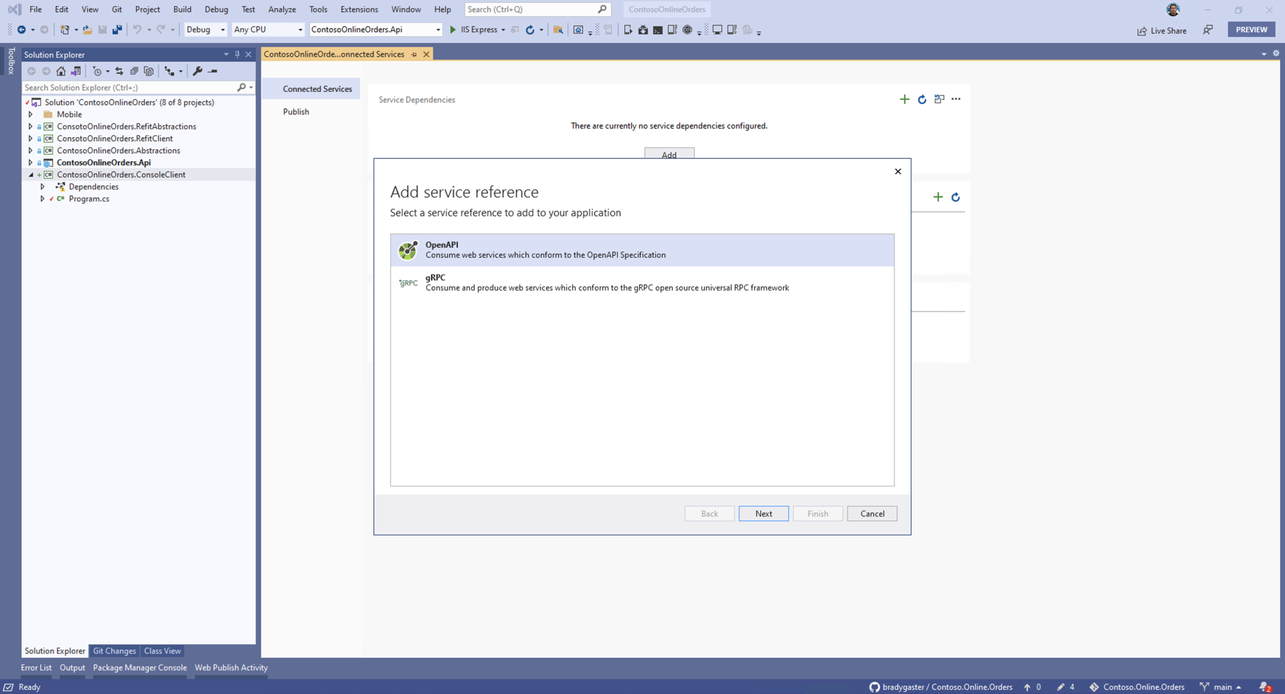 Adding a Connected Service in Visual Studio