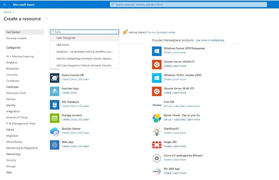 Creating a Form Recognizer resource in the Azure portal