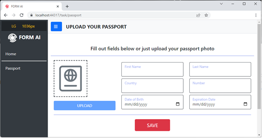The sample passport upload page