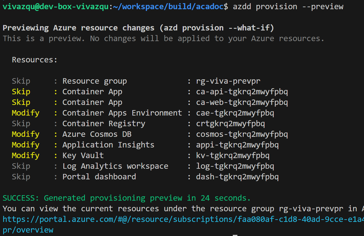 Previewing changes with `azd provision --preview` on an existing environment (after initial `azd provision`)