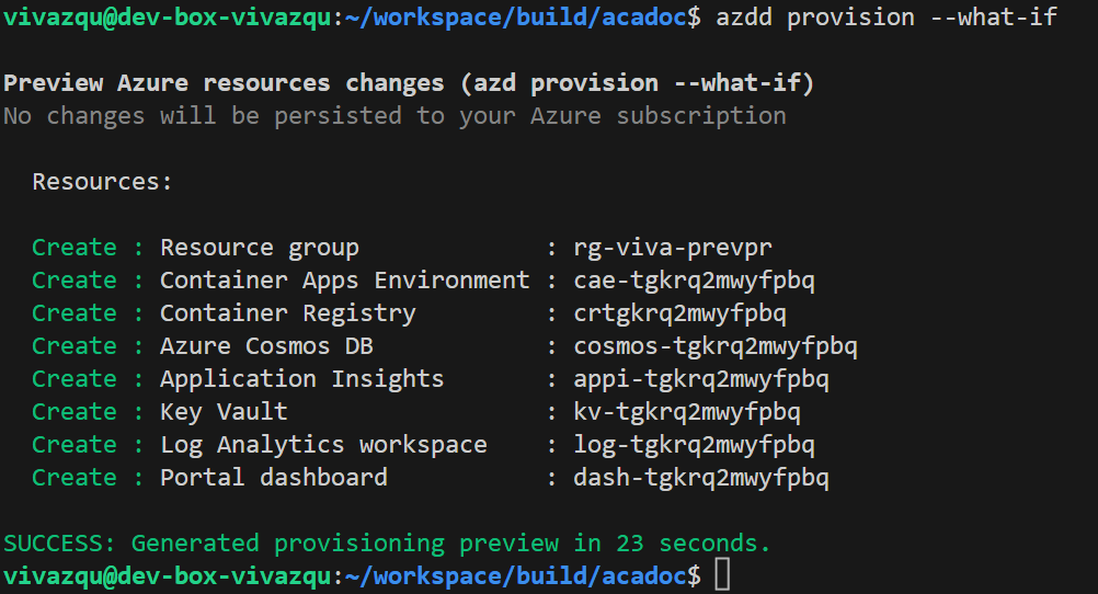 Previewing changes with `azd provision --preview` on a fresh environment