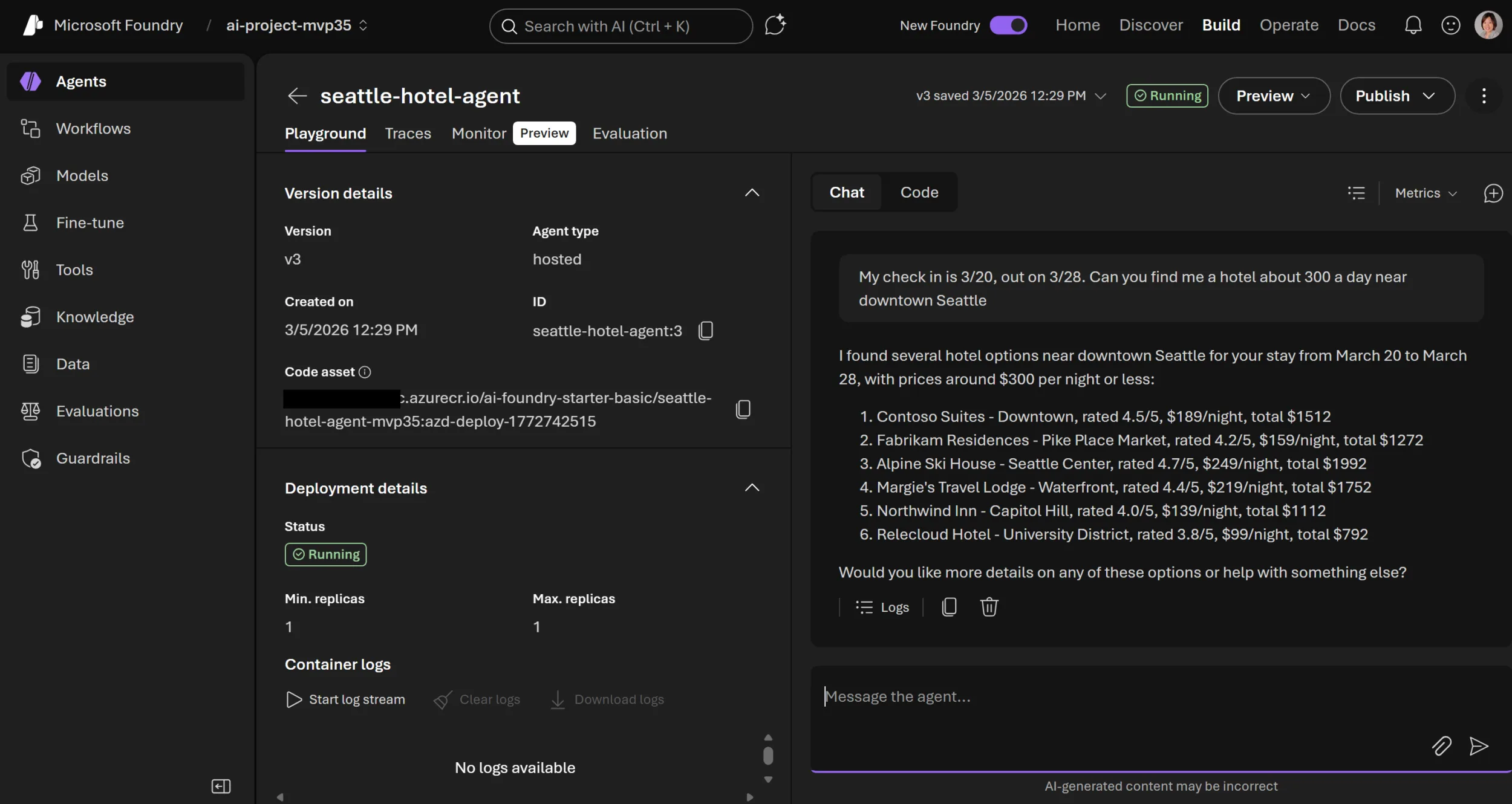 Agent playground in Microsoft Foundry