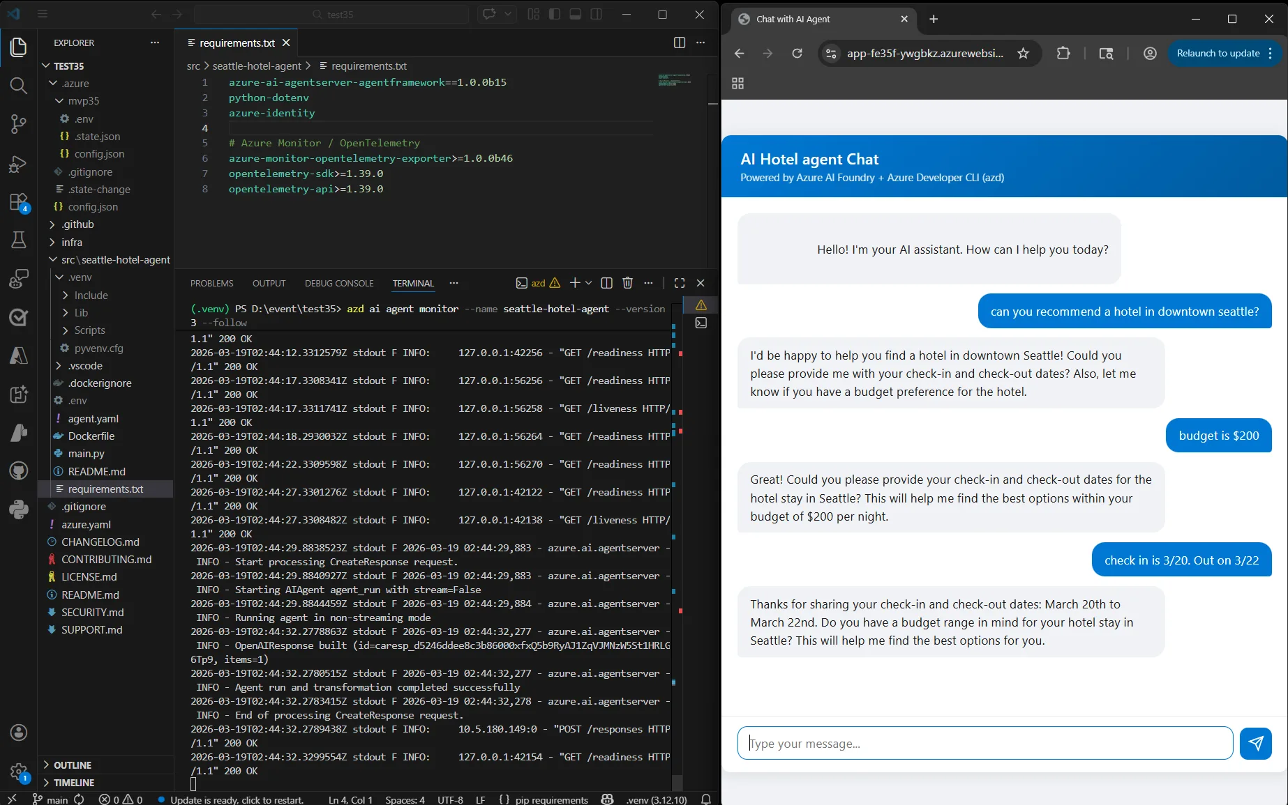 Chat app UI with agent monitor running side-by-side