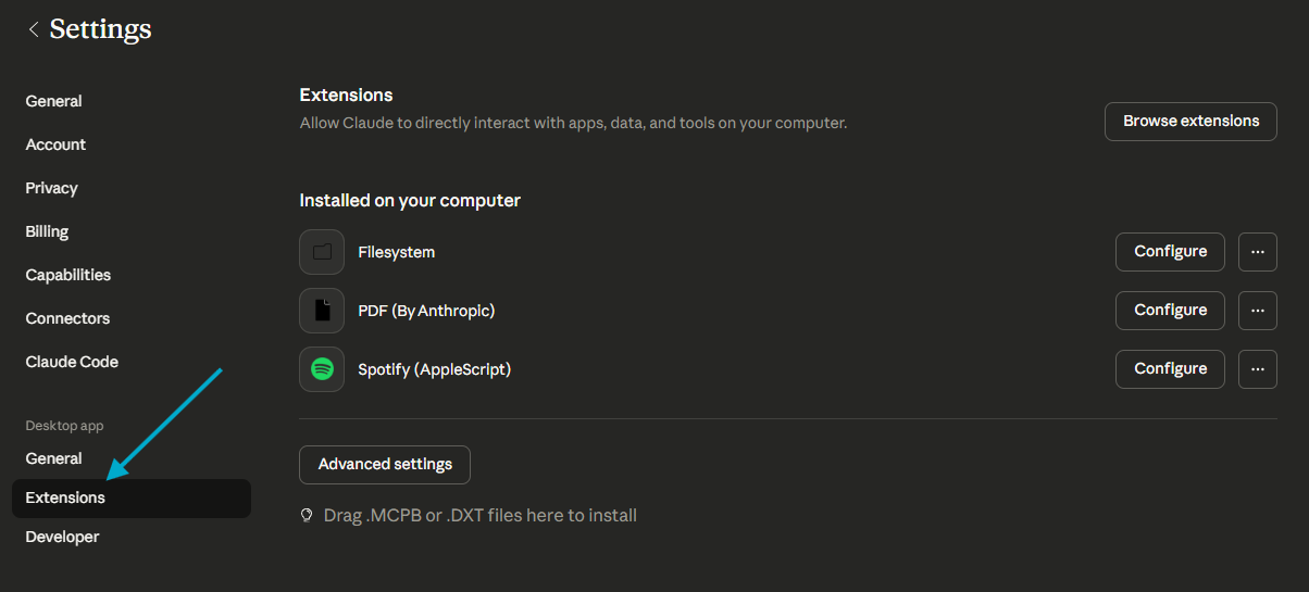 Extensions page