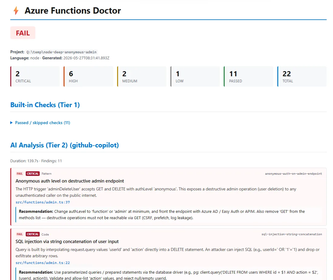 Doctor HTML report showing Tier 1 host.json and dependency findings plus Tier 2 semantic findings from the coding agent