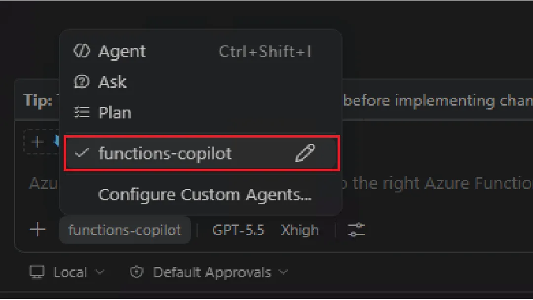 Selecting the functions-copilot custom agent from the GitHub Copilot Chat agent picker in VS Code