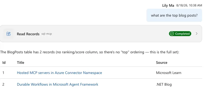 Azure SRE Agent uses the SQL MCP server to read and display sample blog post records.