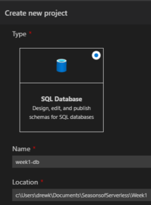 create new project dialog for week1-db