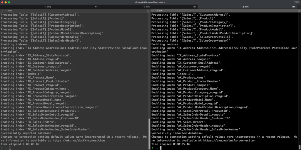 split screen of terminal with sqlpackage import commands on both sides