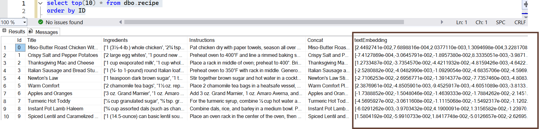 Vector embeddings stored in the table in the Vector Datatype