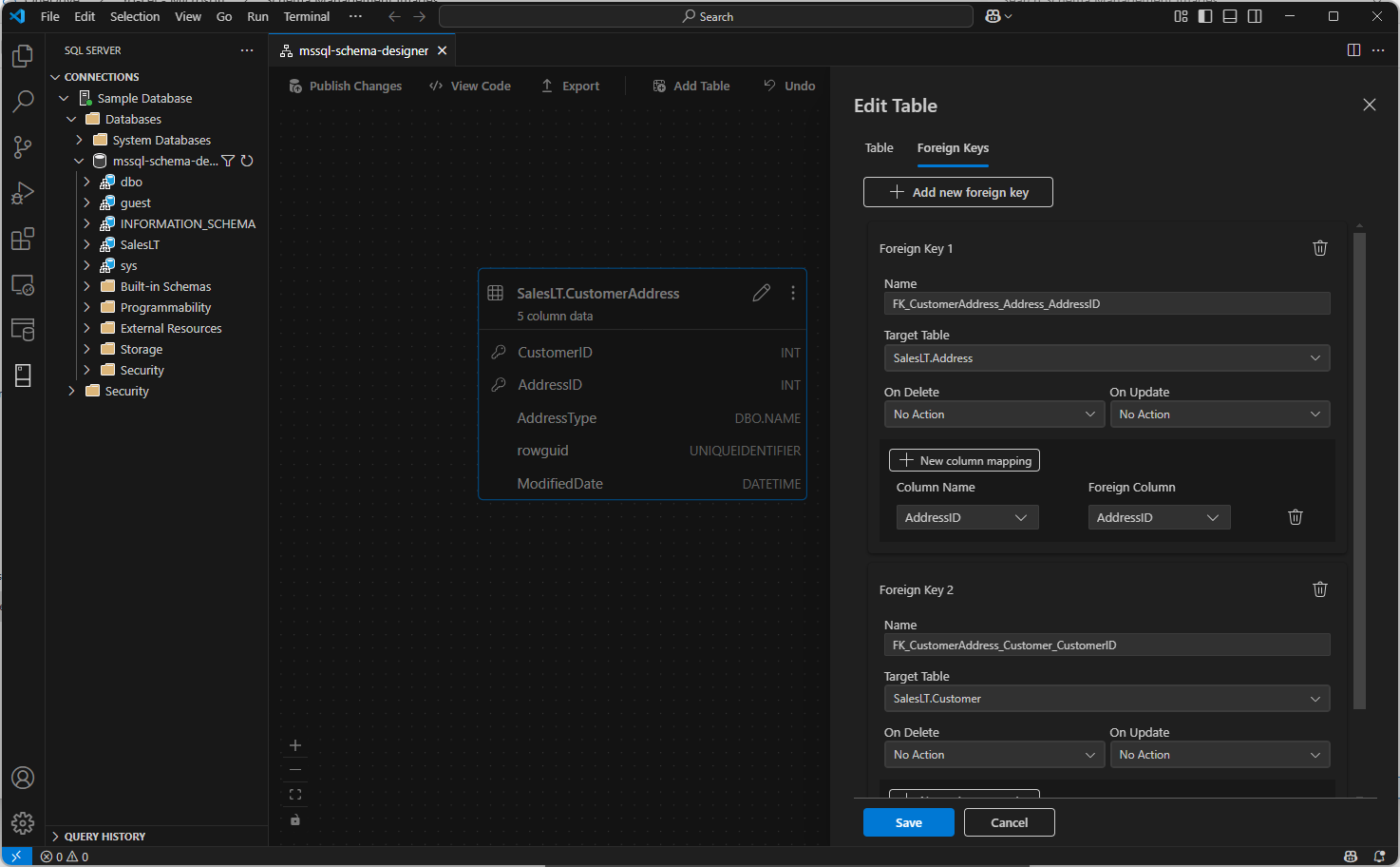 Screenshot of the foreign key relationships management panel in the Schema Designer.