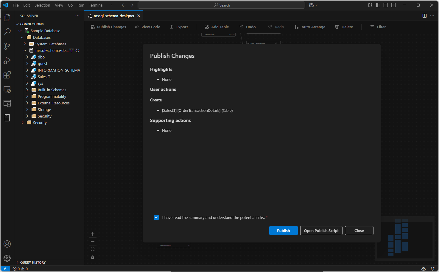 Screenshot of the publish changes feature in the Schema Designer summarizing schema modifications.